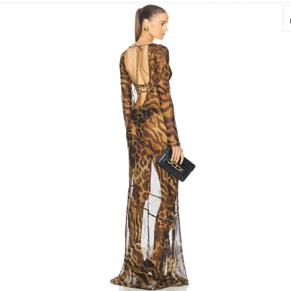 RETROFETE Vienna Dress Animal Print Sheer silk maxi gown lace up FWRD Revolve M - Picture 3 of 14